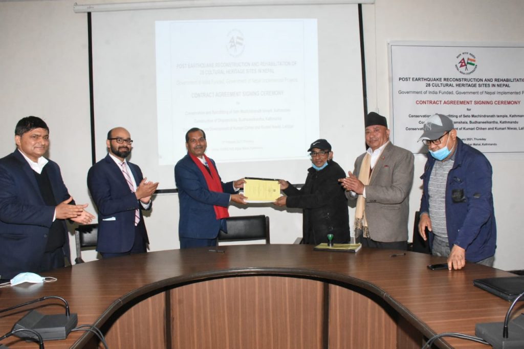 The Contract Agreements for the implementation of the Conservation and Retrofitting of Seto Macchindranath temple was signed on 11th February 2021, between the Project Director of CLPIU (Building) and Prakritik-Sanusuawal Pawan JV.