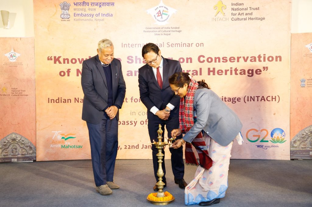 INTACH in coordination with Embassy of India Kathmandu, successfully organized an one-day seminar on 22 January 2023, as a part of Azadi ka Amrit Mahotsav, on “Knowledge Sharing on Conservation of Natural and Cultural Heritage” which was conducted inside the embassy